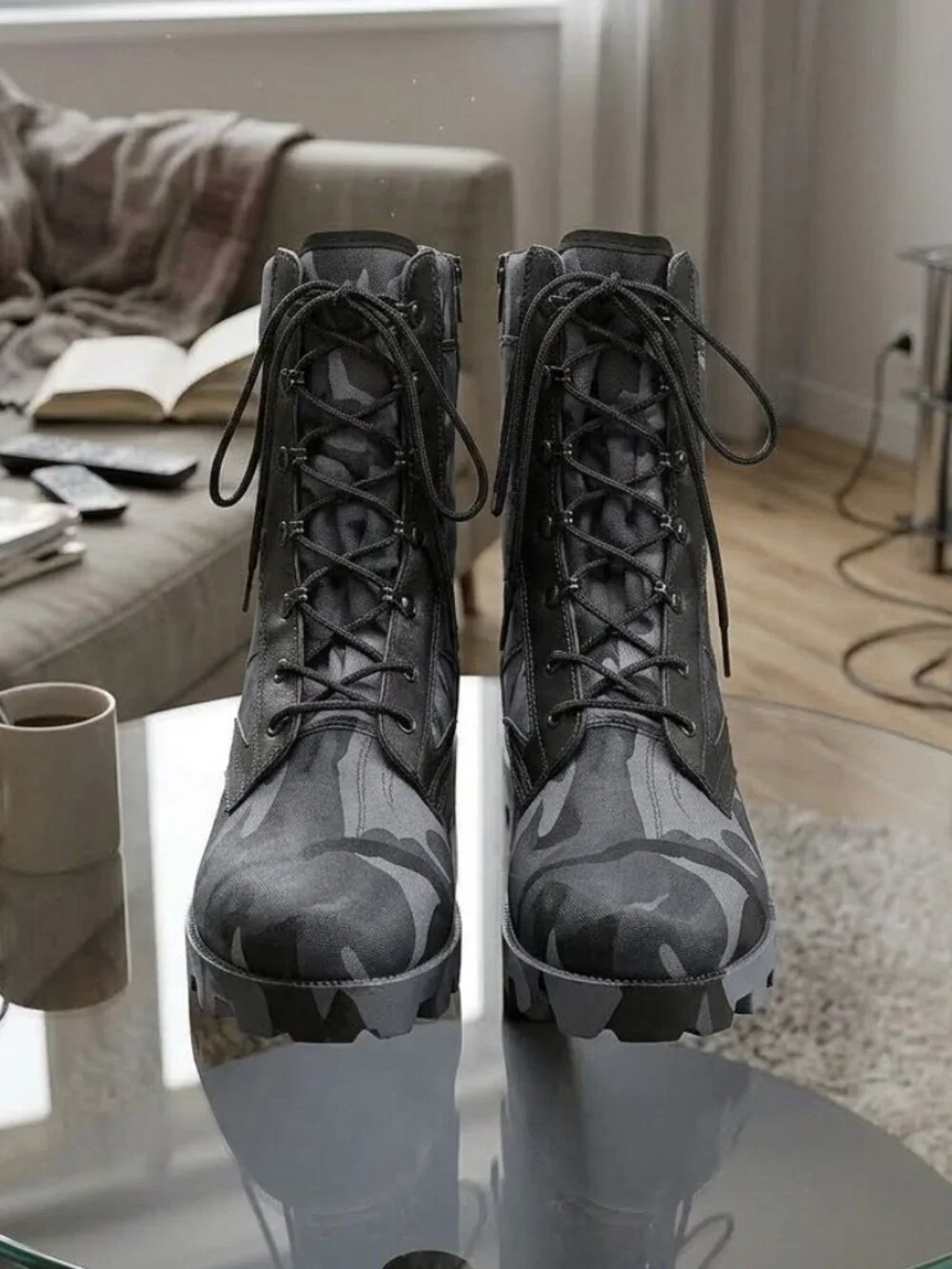 Military Tactical Boots for Work, Blue Camo Lace-Up for Men